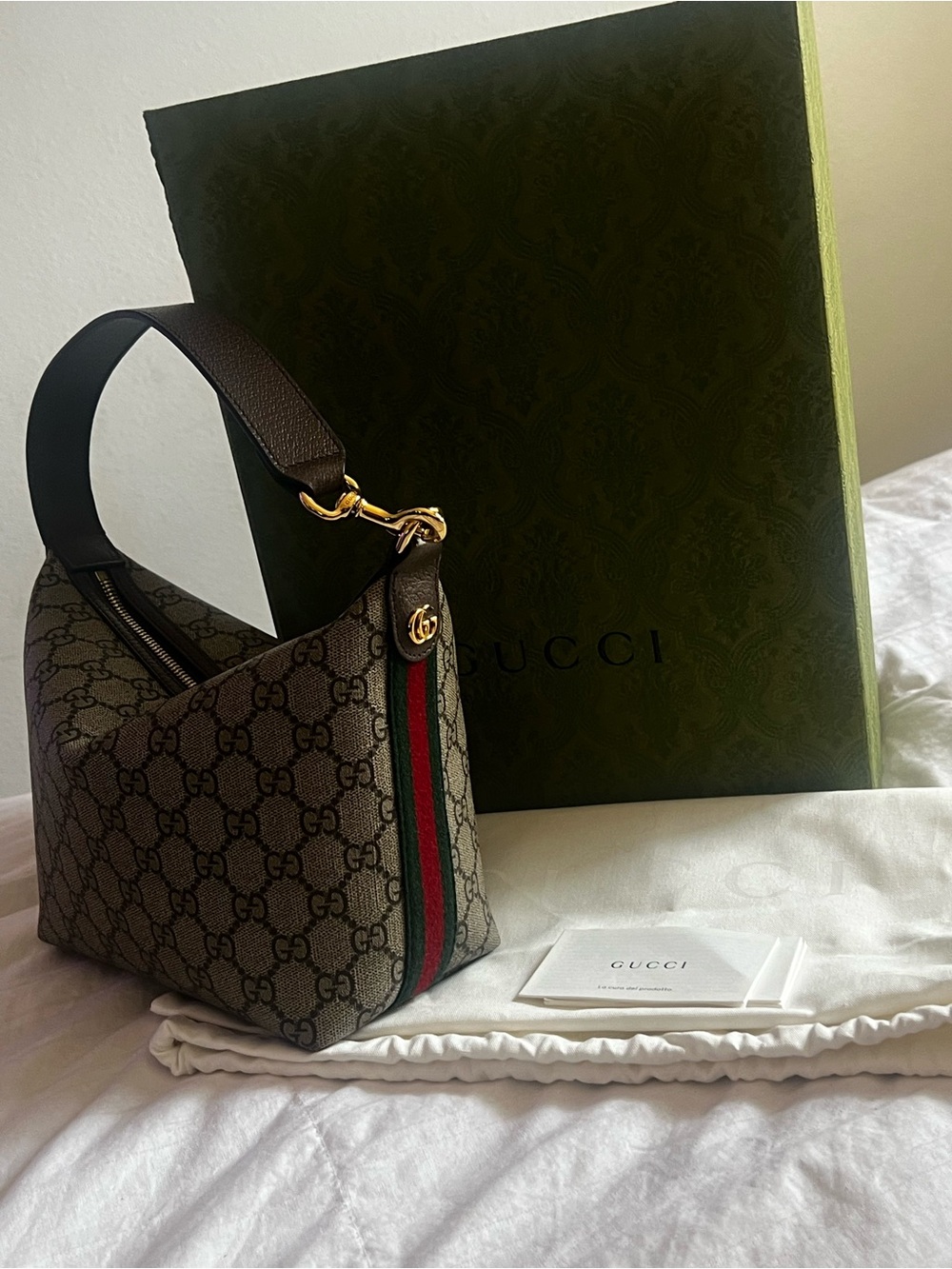 Gucci Beige GG Supreme Canvas Shoulder Bag with Brown Trim and Gold Hardware